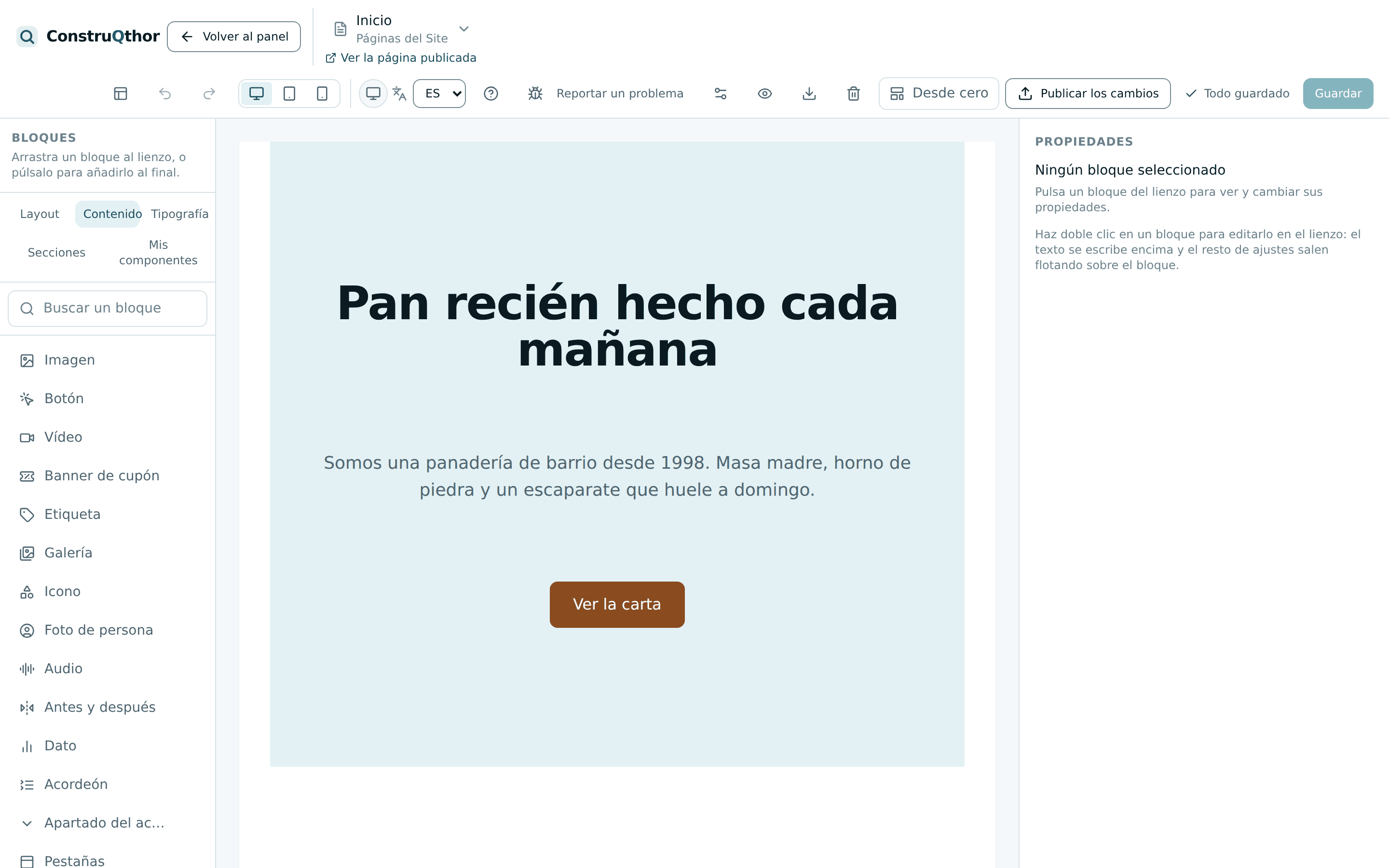 Geöffnetes Blockpanel des Builders