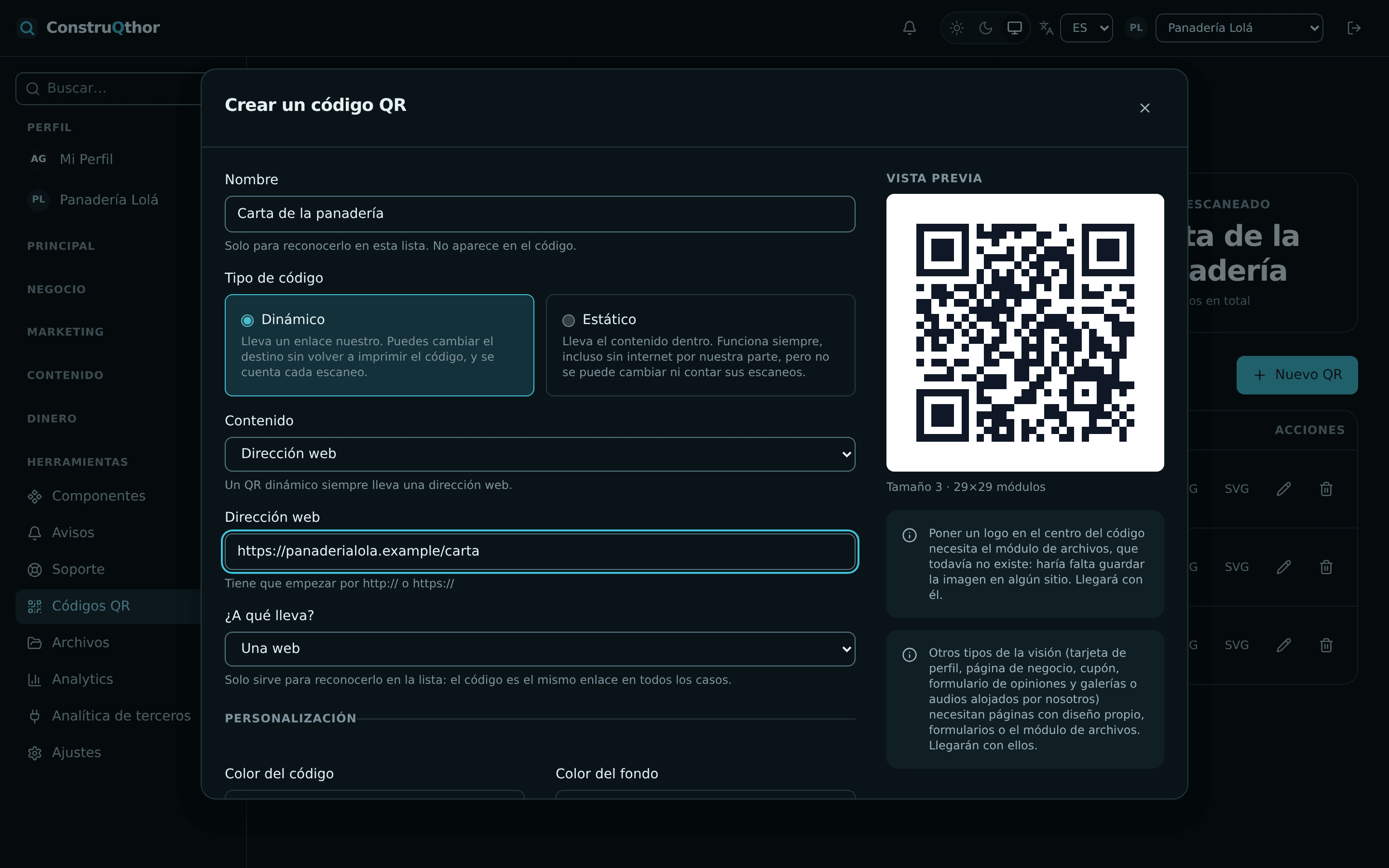 Formular eines QR-Codes mit seiner Vorschau