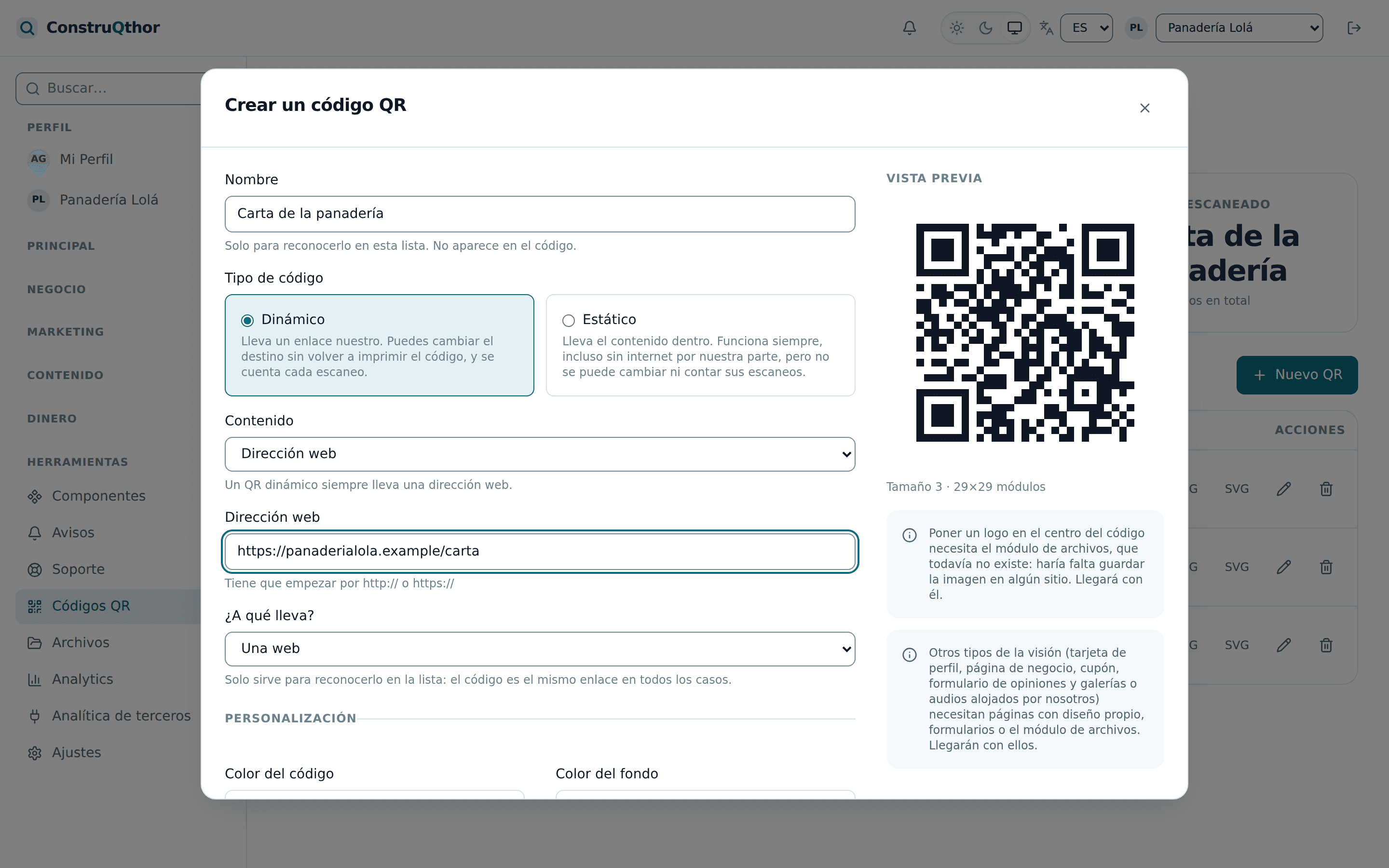 Formular eines QR-Codes mit seiner Vorschau